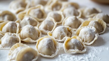 Obraz premium Uncooked homemade pelmeni on white table. Process of making pelmeni, ravioli or dumplings with meat