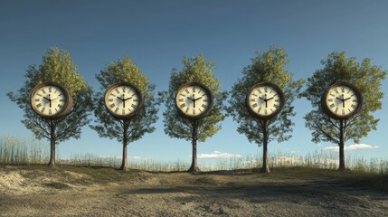 Obraz premium Collection of Clocks Set to the Same Time in a Unique Landscape
