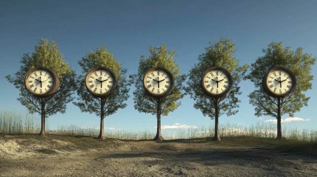Collection of Clocks Set to the Same Time in a Unique Landscape