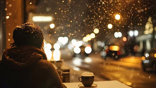 A person in a cozy winter outfit sits at a caf&eacute; table, gazing out the window as snowflakes fall softly over a warmly lit city street. The golden glow of streetlights and festive decorations 