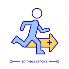 Running man RGB color icon. Sport exercise, healthcare. Healthy jogging, fitness. Workout runner. Navigation, direction. Isolated vector illustration. Simple filled line drawing. Editable stroke