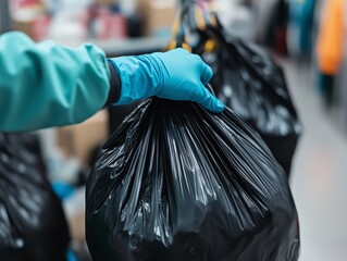 Obraz premium Worker holding garbage bag in industrial environment background.