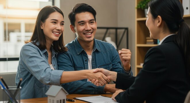 Couple handshake mortgage officer worker, accept bank loan terms and rates feel satisfied. Make financial deal, take credit, buying insurance cover, receive professional consult, sign contract concept