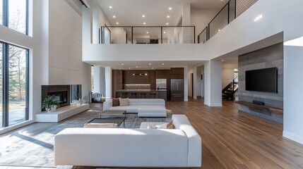 Modern home interior, open plan living, winter sunlight, lake view