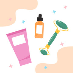 Skincare products including a jade roller, cream tube, and serum bottle in a flat style on a white background with abstract shapes. Beauty care