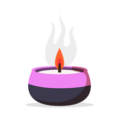 Lit scented candle in a stylish pink and black holder with a soft glow, isolated on a white background. Concept of relaxation and aromatherapy