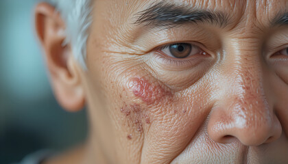 Close-up of an elderly man's skin displaying age spots and natural pigmentation variations, emphasizing dermatological health and skincare awareness.