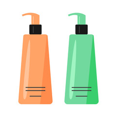 Two pump bottles in orange and green colors with black dispensers on a white background. Concept of cosmetics, skincare, and hygiene products