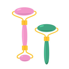 Two jade facial rollers, one pink and one green, with gold accents on a white background. Concept of skincare, beauty, and facial massage tools