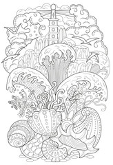 Line art vector illustration of seascape, light house and waves. Zentangle style art with boho patterns. Hand drawn sketch for antistress, coloring page for children and adults, decoration, cards. 