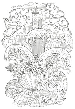 Line art vector illustration of seascape, light house and waves. Zentangle style art with boho patterns. Hand drawn sketch for antistress, coloring page for children and adults, decoration, cards. 