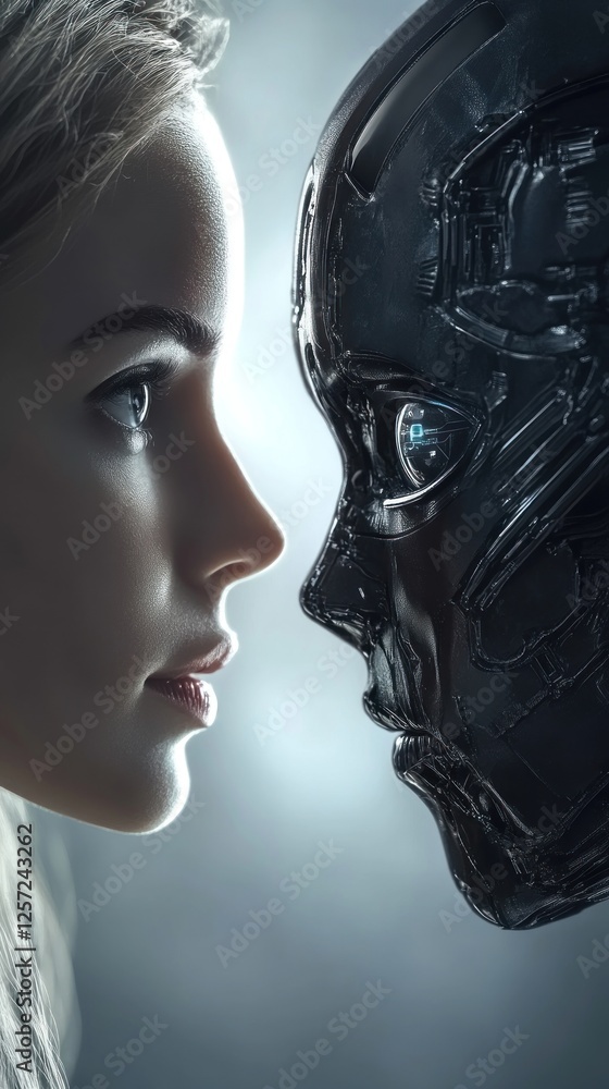 Poster close encounter between human and robot in soft light