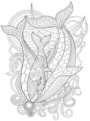 Line art vector illustration of decorated whale family and plants. Zentangle style art with boho patterns. Hand drawn sketch for antistress, coloring page for children and adults, decoration, cards