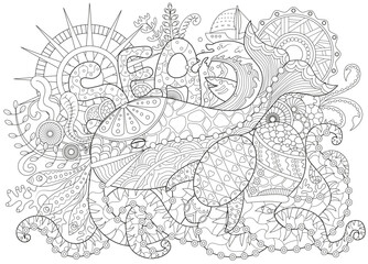 Obraz premium Line art vector illustration with decorated whale, octopus and turtle. Zentangle art with boho patterns. Hand drawn sketch for antistress, coloring page for children and adults, decoration, cards