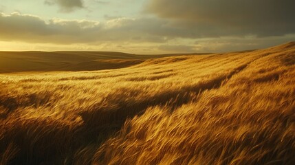 Obraz premium Golden Wheat Field Swaying in the Wind Under a Cloudy Sky
