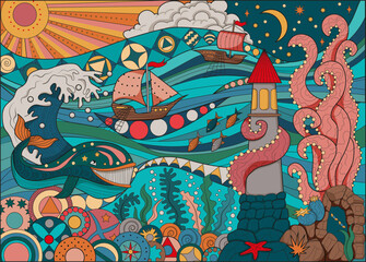 Colorful vector illustration with whale, light house, ship, octopus monster and sea life. Zentangle style art with boho patterns. Hand drawn artwork for decoration, cards