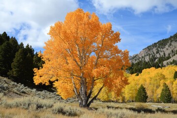 Fototapeta premium Autumn Aspen Tree, Mountain Valley, Colorful Foliage