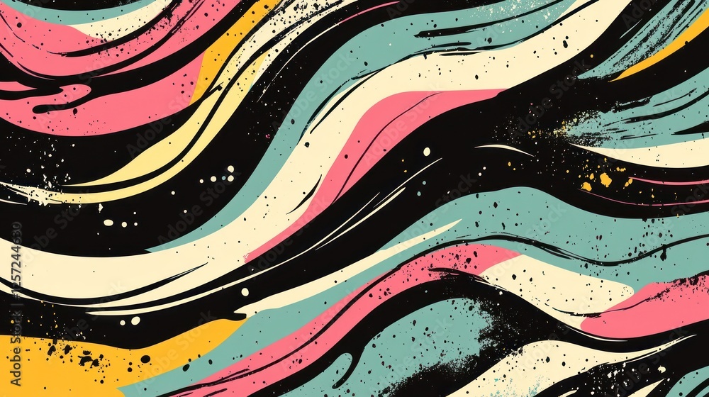 Poster abstract painting displaying dynamic curved strokes and paint splatters