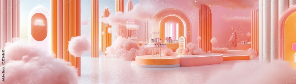 Poster dreamy pink display stage with clouds and architectural elements
