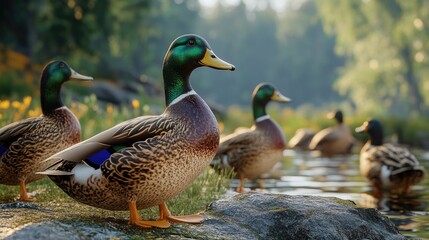A colorful gathering of wild ducks on a remote marshland, bathed in the warm light of dusk. Picturesque setting, harmonious wildlife.