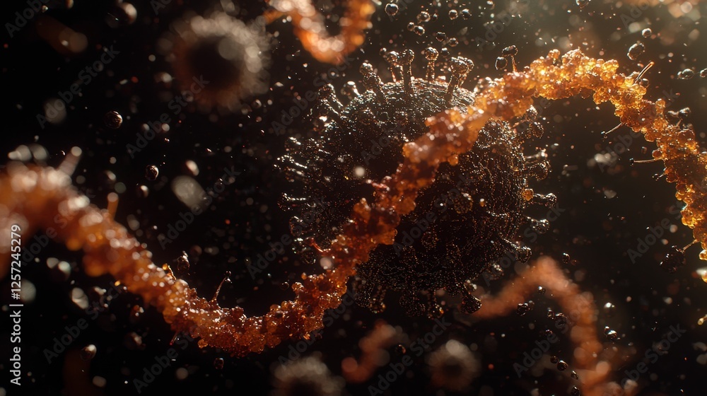Poster intricate visualization of microscopic virus structure with rna chains and particles in an abstract 