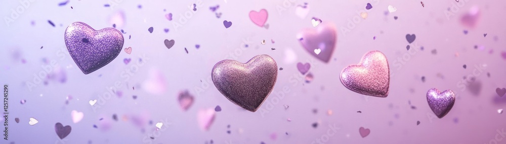 Poster glittering hearts float amidst confetti against a soft pastel backdrop