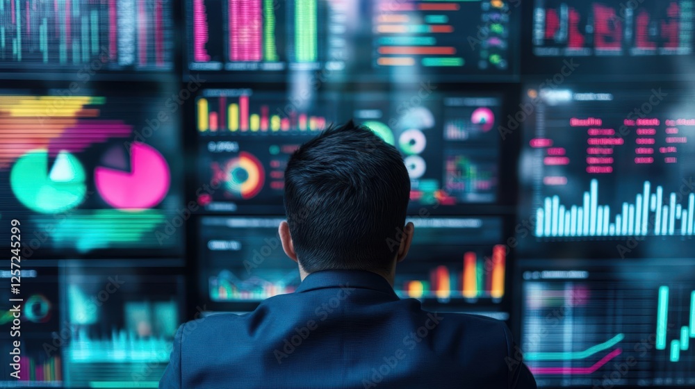 Poster Man analyzing data on wall of graphs in modern office environment