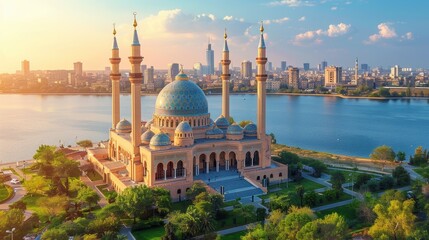 Naklejka premium Majestic mosque with blue dome and minarets overlooking a vibrant city skyline at sunset