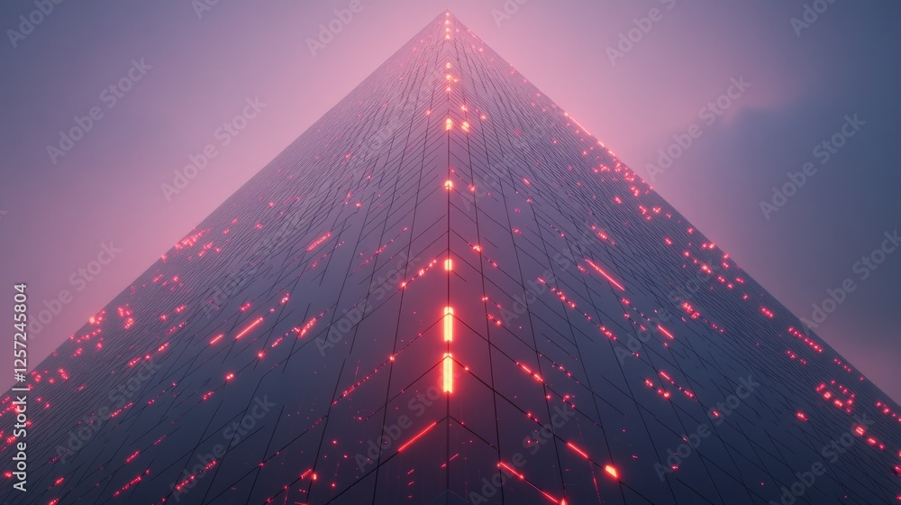 Poster futuristic pyramid structure illuminated with vibrant glowing red lights