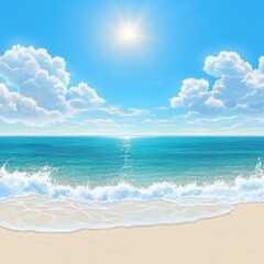 Fototapeta premium Sunny beach scene, ocean waves, blue sky, fluffy clouds