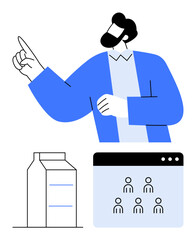 Person pointing upward with a marked gesture alongside a carton-style building and a networking interface. Ideal for teamwork, leadership, progress, goals, leadership tips, workflows, planning