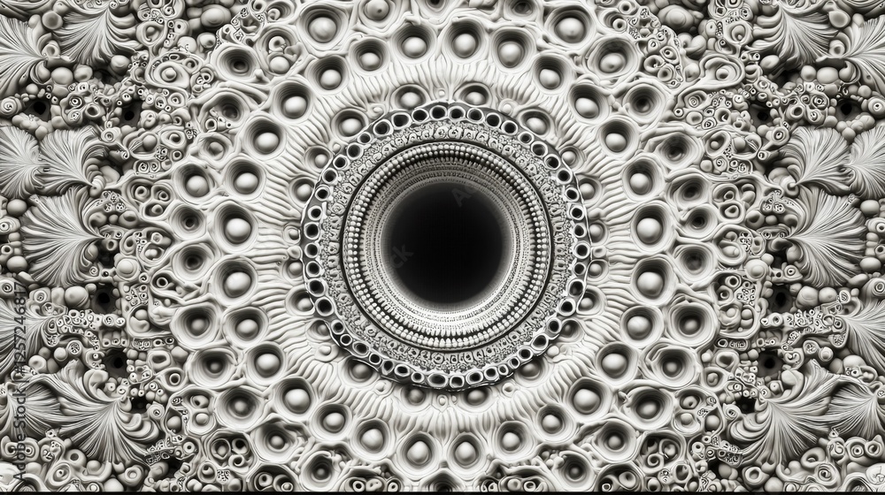 Poster intricate black and white fractal design featuring circular patterns and organic forms creating a st