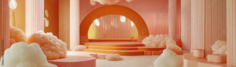 Poster Rendered surreal interior with clouds columns arch and warm tones