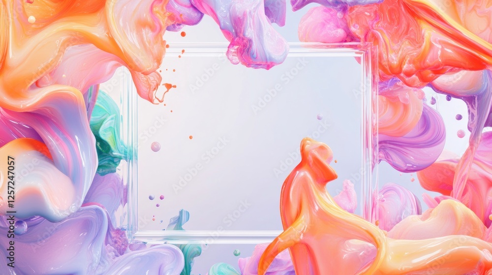Poster Abstract colorful fluid paint splashes around transparent square frame