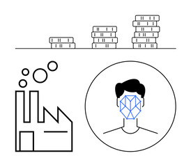 Factory emitting bubbles, stacked coins indicating economic growth, circular frame with geometric face scan. Ideal for industry, economy, technology, finance, security, innovation abstract line flat