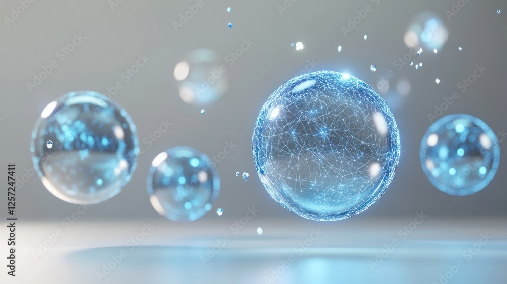 Poster floating blue transparent spheres with internal networks are shown here