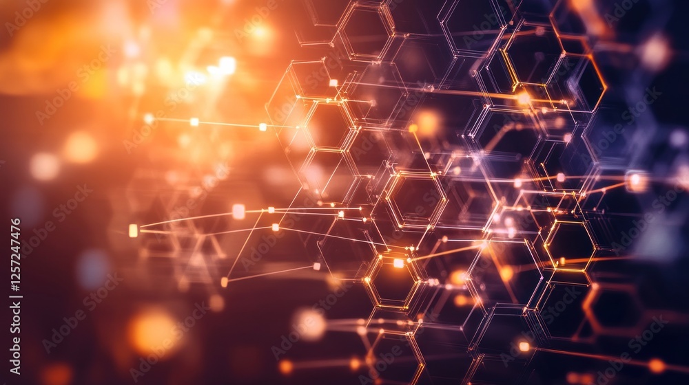 Poster Abstract network of glowing hexagons connected by glowing lines