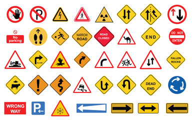 Collection of road sign vector on white background. traffic symbol vector collection. warning, safety, hazard, triangle, stop, street, caution, highway sign vector on white background