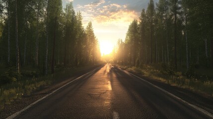 Fototapeta premium Serene Long Stretch of Road Surrounded by Lush Trees at Sunrise