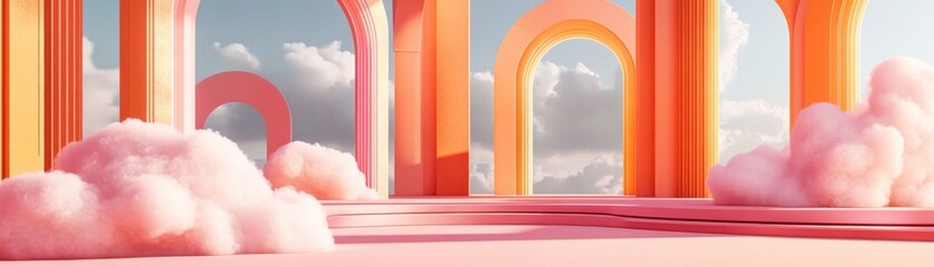 Peach colored architecture and pink clouds against a blue sky