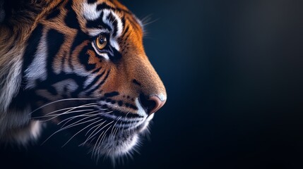 Fototapeta premium Intense amber eyes glimmer under a subtle spotlight, highlighting the powerful jawline and fur texture of a tiger in a darkened studio environment