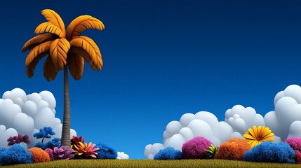 Vibrant Tropical Landscape with Colorful Flowers and Blue Sky
