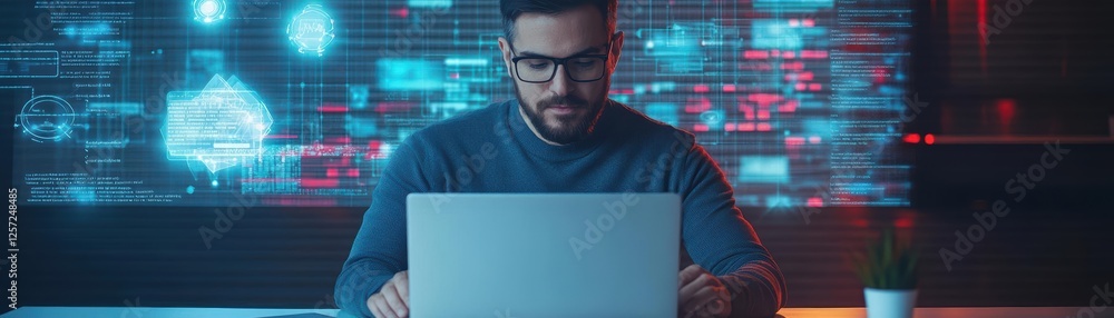 Poster man in blue sweater sitting at desk using laptop and looking at screen in modern office environment