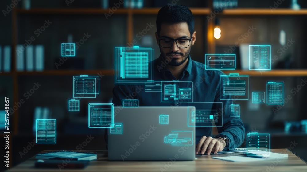 Poster Man working on laptop surrounded by various technology icons representing digital communication and innovation
