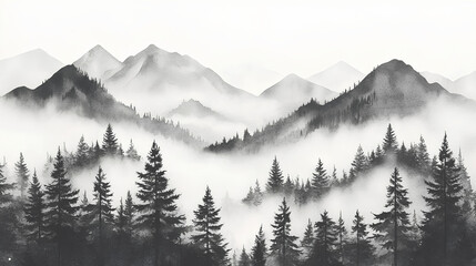 Fototapeta premium Seamless pattern with foggy mountains and pine trees in black and white colors. Hand drawn watercolor mountain landscape pattern 