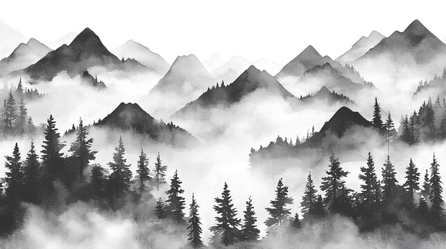 Seamless pattern with foggy mountains and pine trees in black and white colors. Hand drawn watercolor mountain landscape pattern 