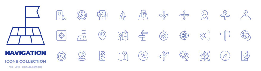 Navigation icons collection. Thin Line icons, editable stroke. application, compass, controller pad, flag, location, mobile map, navigation, ar, choice, direction, move