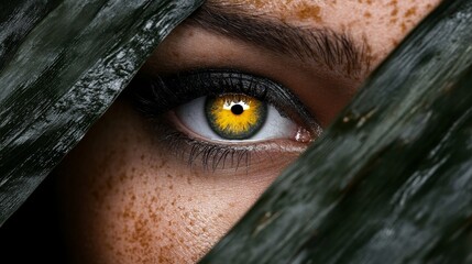 Close-Up of Yellow Eye Surrounded by Green Leaves and Freckles