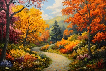 Autumnal path through colorful forest