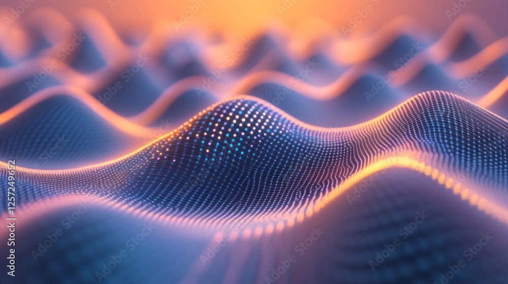 Poster abstract blue and orange undulating surface with digital grid